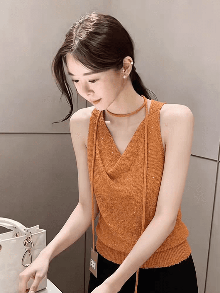 고급 센스 패션 스팽글 흔들다 칼라 루즈핏 캐주얼 니트 조끼 여름 경기 탈착식 리본 슈퍼 잘 생긴 맨위