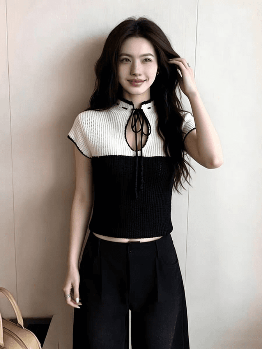 2026 여름 유럽 상품 폭발 맨위 고급 센스 빛 럭셔리 연령 감소 외국 가스 작은 대중 고유 한 흑인과 백인 패치워크 니트 여성 상세 이미지 2