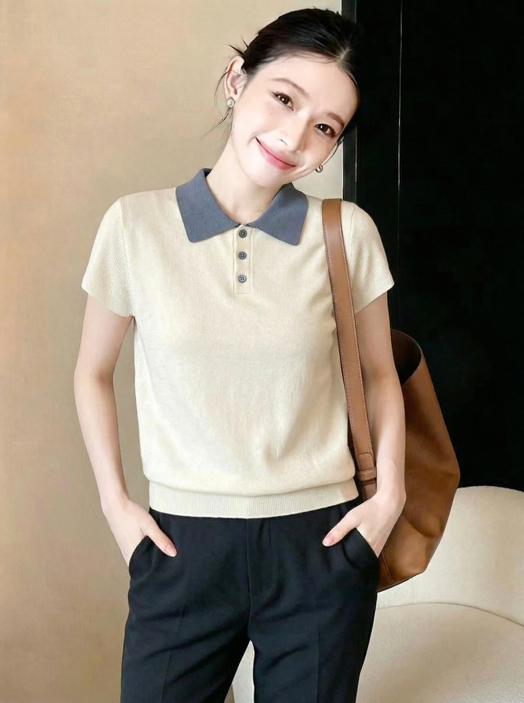 베이지 색 패션 배색 폴로 칼라 짧은 소매 위버 여름 새로운 느긋한 느슨함 센스 품격 맨위