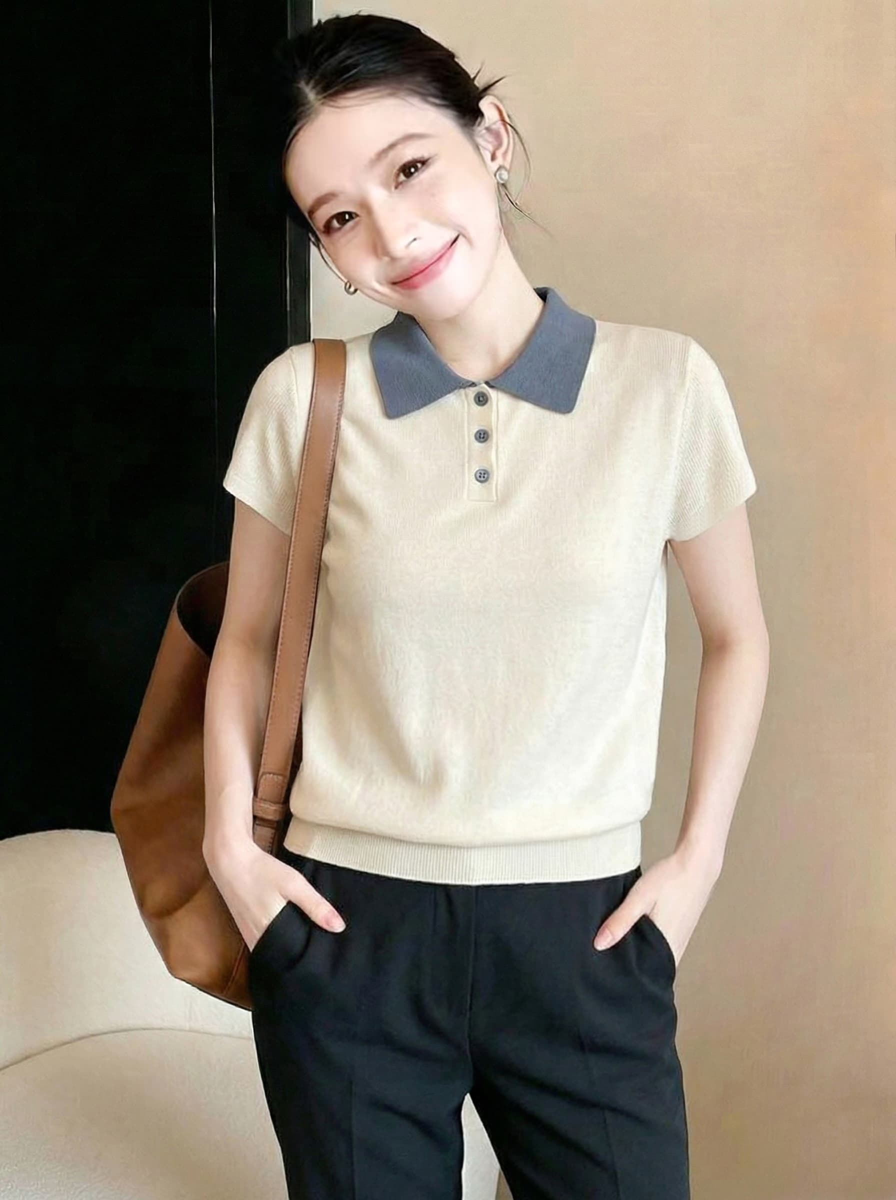 베이지 색 패션 배색 폴로 칼라 짧은 소매 위버 여름 새로운 느긋한 느슨함 센스 품격 맨위 이미지 2