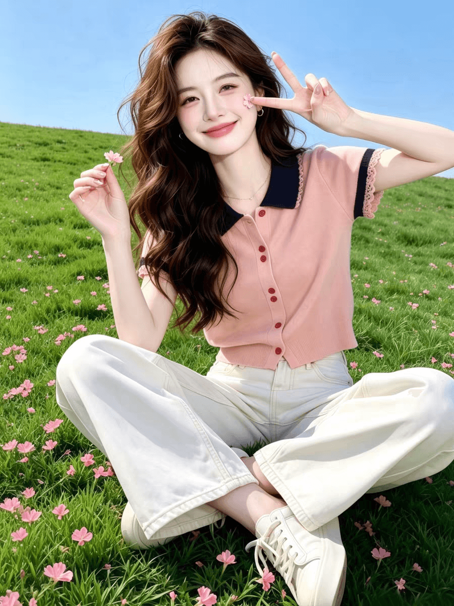 핑크색 POLO 칼라 단추 레이스 싱글 줄 버튼 반팔 티셔츠 여성 2026 새로운 여름 해변가 도파민 맨위 상세 이미지 6