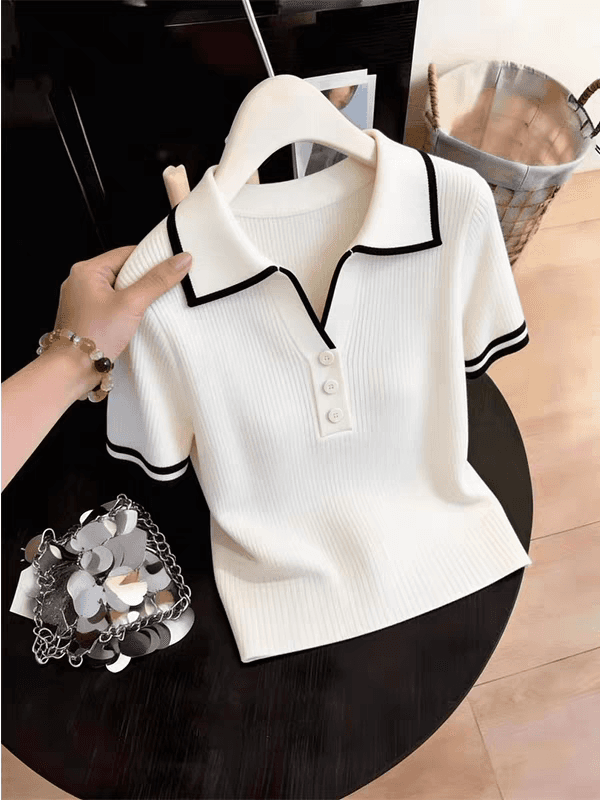 화이트 POLO 칼라 니트 반팔 여성 2026 새로운 여름 배색 구덩이 기사 슬림해 보이는 품격 다용도 쇼트 스타일 맨위 상세 이미지 1