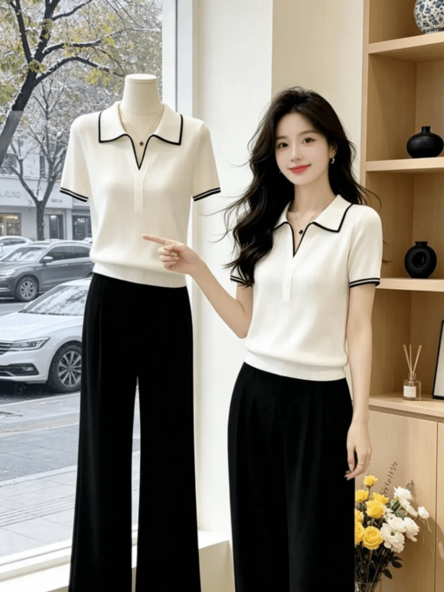 화이트 POLO 칼라 니트 반팔 여성 2026 새로운 여름 배색 구덩이 기사 슬림해 보이는 품격 다용도 쇼트 스타일 맨위 상세 이미지 3