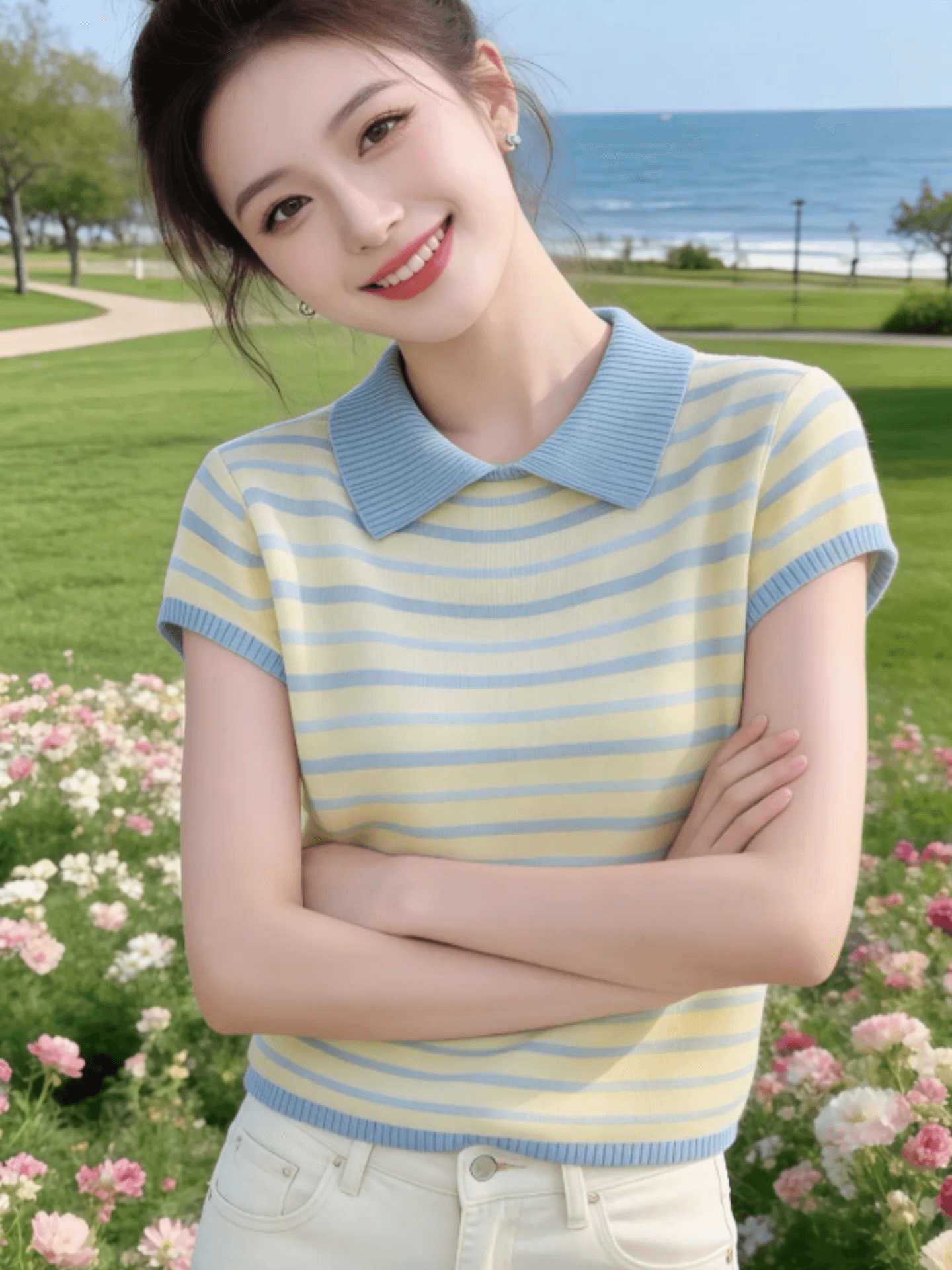 한 부서 파란색 스트라이프 폴로 칼라 긍정적 인 어깨 반팔 니트 스웨터 여성 2026 여름 빅 사이즈 지방 mm 몸매 가꾸기 슬림해 보이는 맨위 상세 이미지 5