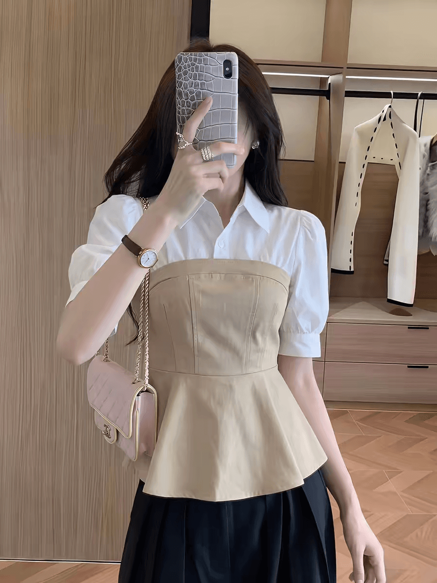 프랑스식 바람 거품 소매 페이크 레이어드 허리 수축 반팔 여성 셔츠 2026 여름 연령 감소 다용도 슬림해 보이는 폴로 칼라 맨위 상세 이미지 2