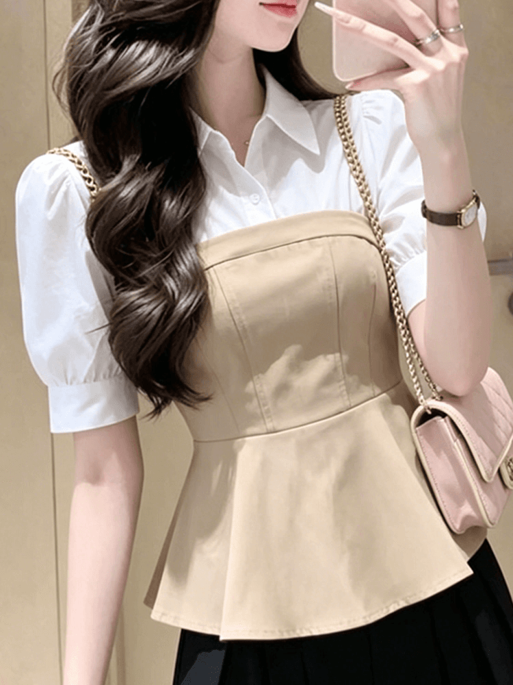 프랑스식 바람 거품 소매 페이크 레이어드 허리 수축 반팔 여성 셔츠 2026 여름 연령 감소 다용도 슬림해 보이는 폴로 칼라 맨위 이미지 2