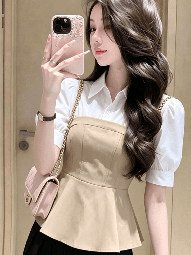 프랑스식 바람 거품 소매 페이크 레이어드 허리 수축 반팔 여성 셔츠 2026 여름 연령 감소 다용도 슬림해 보이는 폴로 칼라 맨위 상세 이미지 3