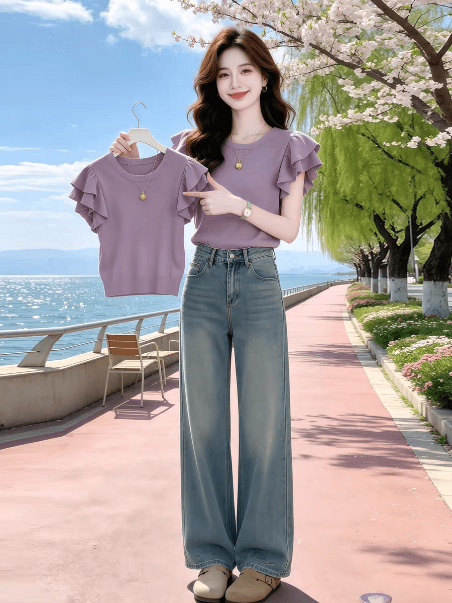 아름다운 보라색 프릴 라운드 넥 반팔 니트 스웨터 여성 여름 2026 새로운 디자인 센스 연령 감소 맨위 이미지 4