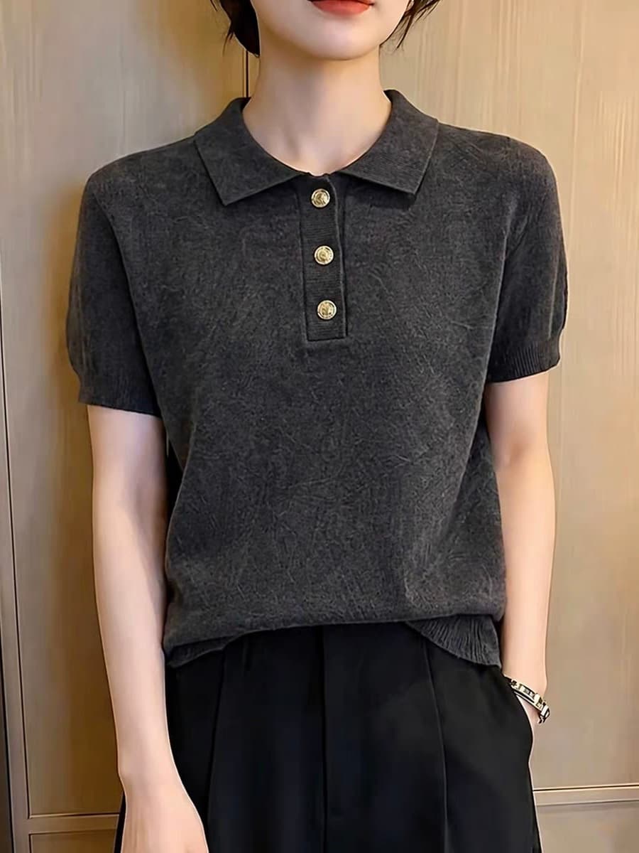 유럽 상품 고급 회색 POLO 칼라 반팔 티셔츠 여성 2026 여름 새로운 고급 미니멀리즘 다용도 슬림해 보이는 맨위 이미지 2
