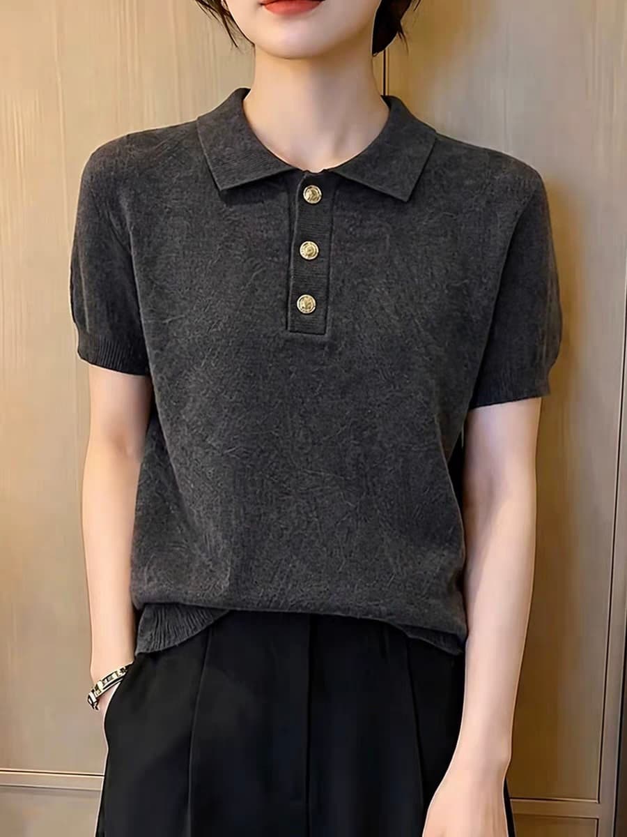 유럽 상품 고급 회색 POLO 칼라 반팔 티셔츠 여성 2026 여름 새로운 고급 미니멀리즘 다용도 슬림해 보이는 맨위 상세 이미지 1