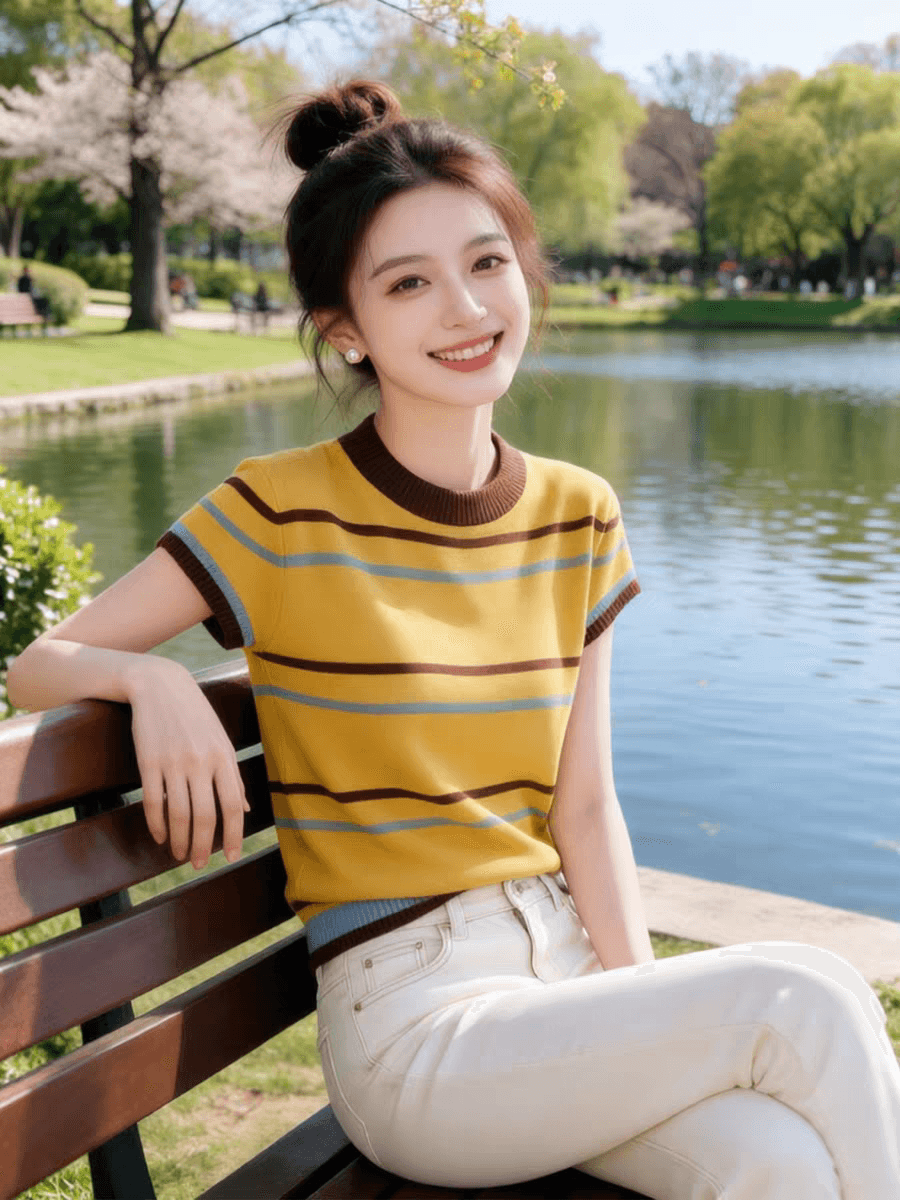 한 부서 황색 브라운 라운드 넥 배색 스트라이프 반팔 티셔츠 여성 2026 여름 품격 출퇴근 고급 센스 캐주얼 맨위