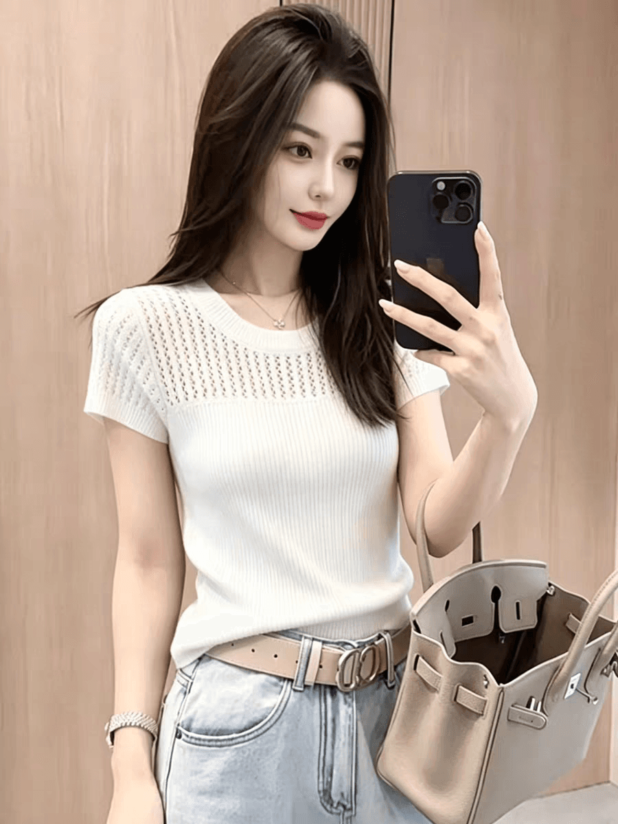 한 부서 분위기 센스 라운드 넥 홀로우 아웃 반팔 니트 맨위 2026 여름 새로운 품격 몸매 가꾸기 연령 감소 티셔츠 여성 상세 이미지 4