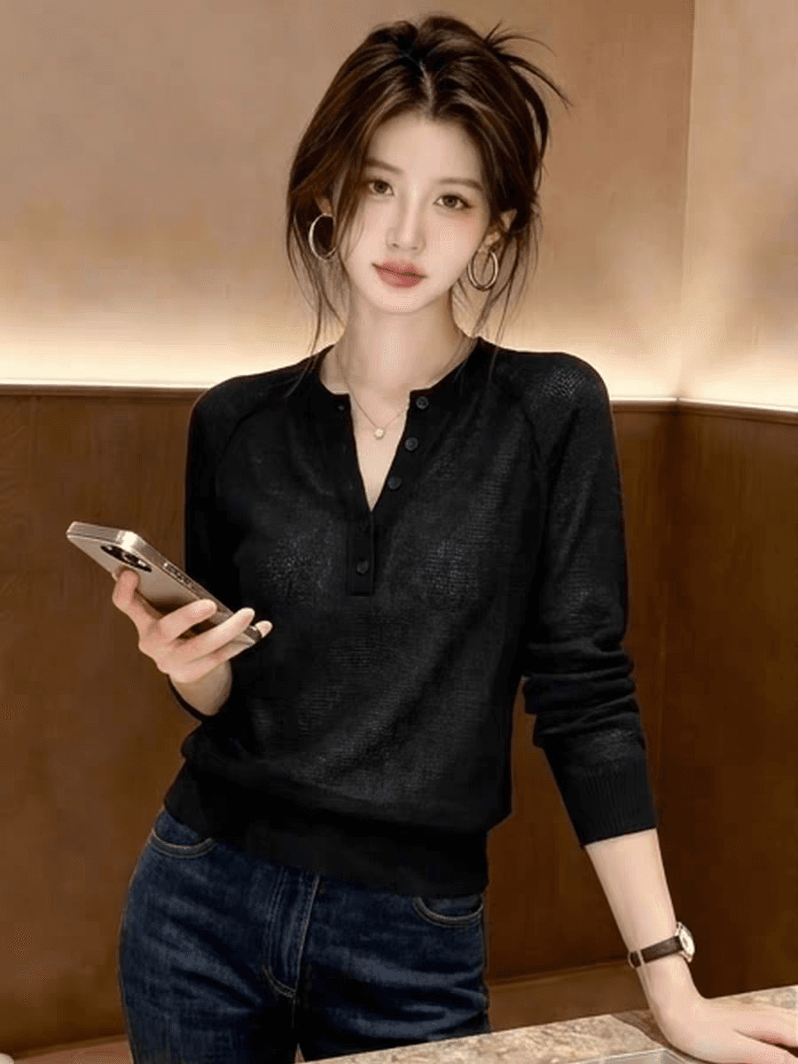 일상 느긋한 바람 프랑스식 빛 요리 한 바람 검정색 V넥 단추 니트 스웨터 여성 여름 긴팔 다용도 품격 맨위