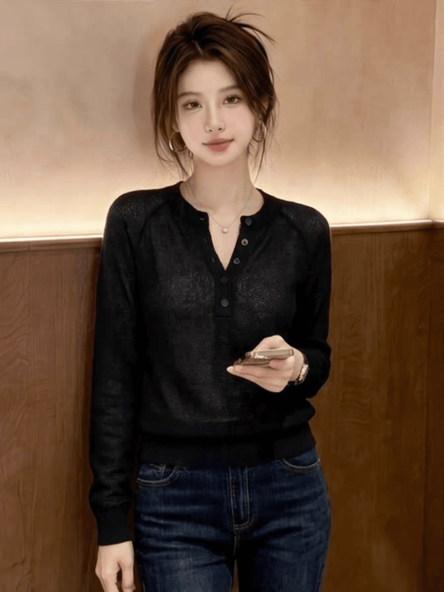일상 느긋한 바람 프랑스식 빛 요리 한 바람 검정색 V넥 단추 니트 스웨터 여성 여름 긴팔 다용도 품격 맨위 이미지 3