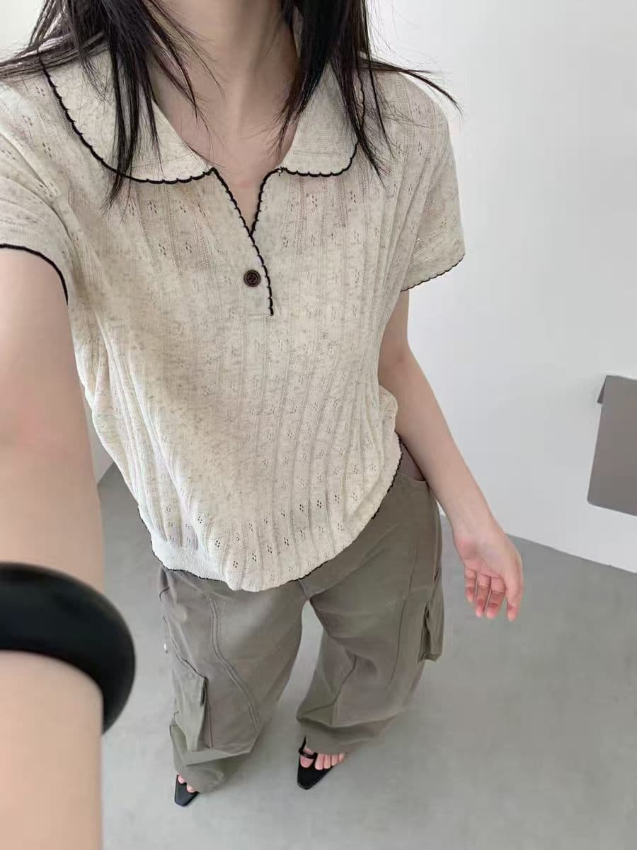 muyang 부드러운 지성 베이비 칼라 한 덩 크 무늬 공제 반팔 니트 스웨터 여성 얇은 스타일 맨위 여름 상세 이미지 1
