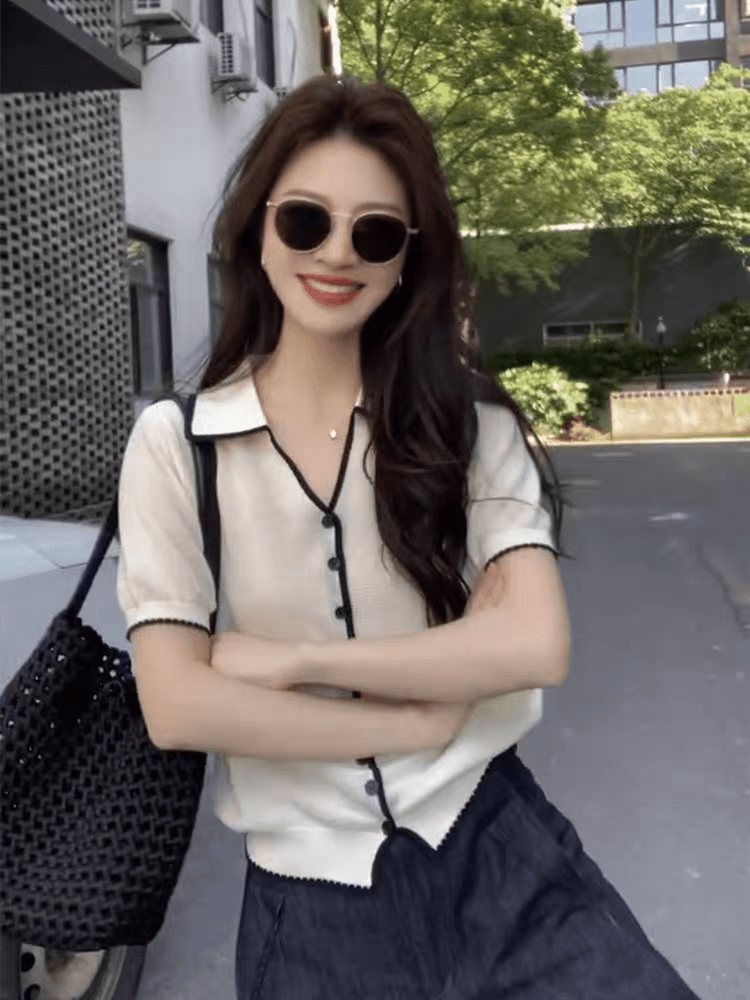 한 부서 POLO 칼라 회색 반팔 얼음 실크 니트 오픈 가디건 여성 자이언트 잘 생긴 ~ 중 여름 고유 한 아름다운 맨위 얇은 스타일 이미지 4