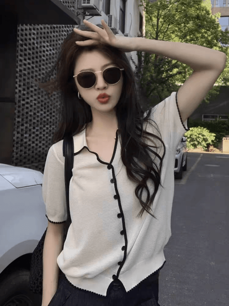 한 부서 POLO 칼라 회색 반팔 얼음 실크 니트 오픈 가디건 여성 자이언트 잘 생긴 ~ 중 여름 고유 한 아름다운 맨위 얇은 스타일 상세 이미지 2