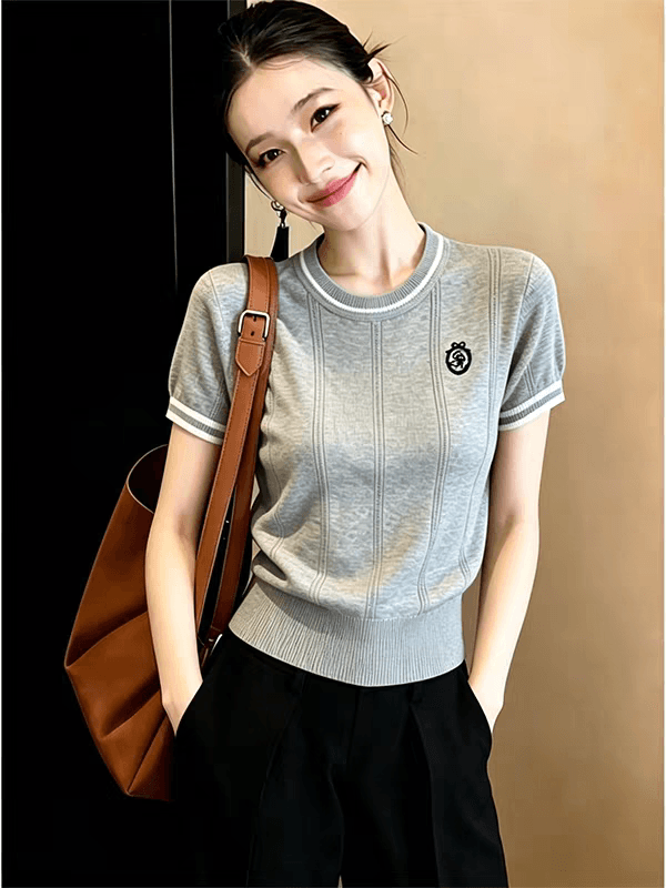한 부서 chic Chic 회색 자수 니트 반팔 티셔츠 여성 여름 자이언트 잘 생긴 ~ 중 몸매 가꾸기 디스플레이 얇고 작은 맨위