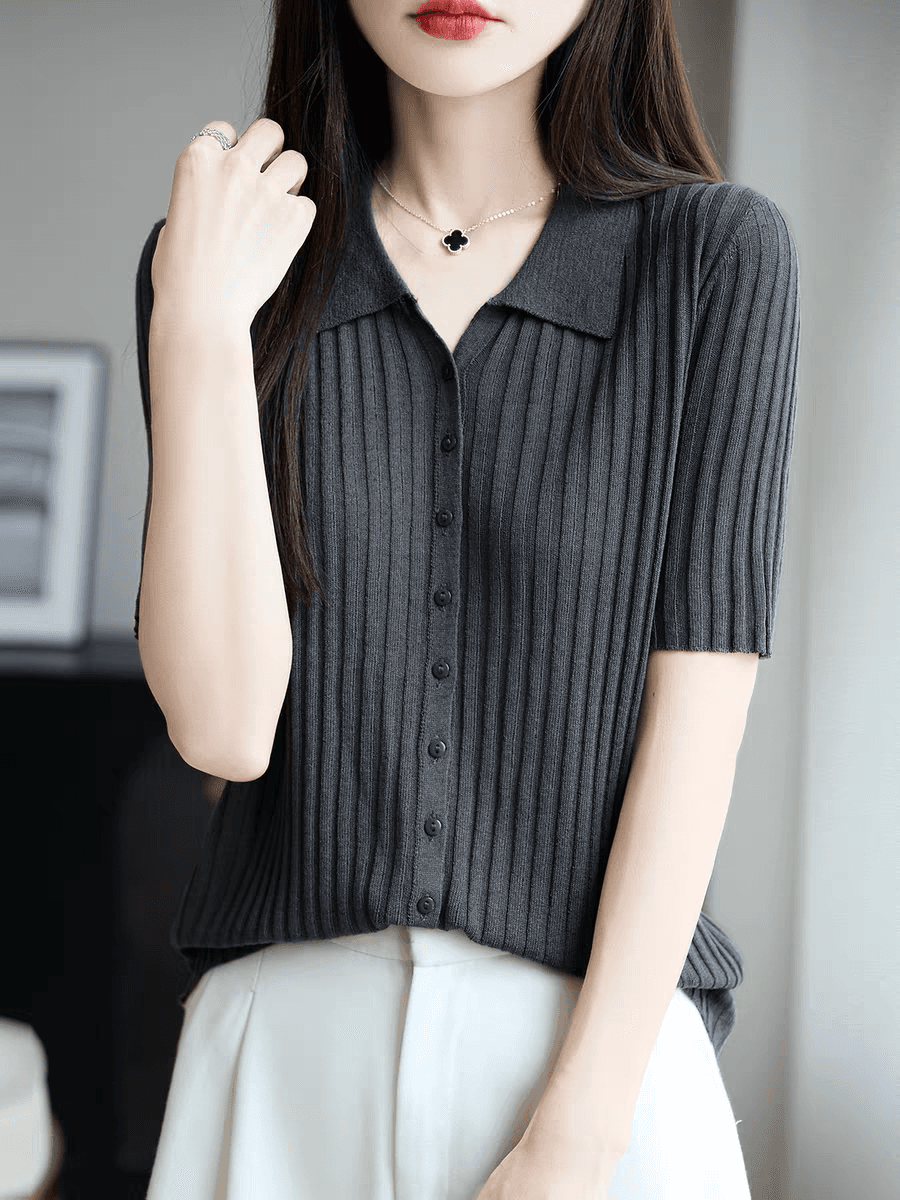 2026 여름 새로운 폴로 칼라 주간 실크 아마 오픈 가디건 외부 가져 가라. 얇은 스타일 구덩이 기사 반팔 니트 오픈 가디건 여성 셔츠