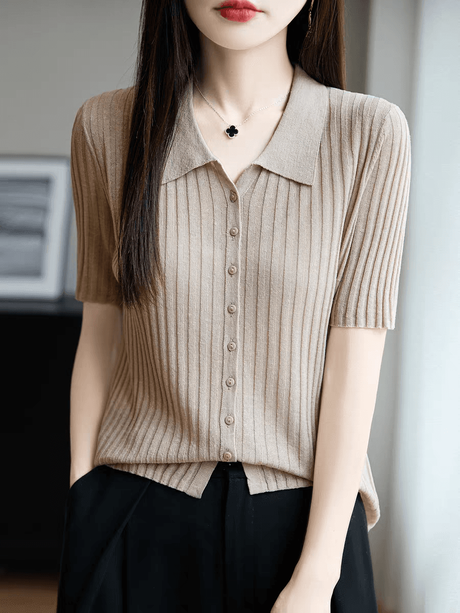 2026 여름 새로운 폴로 칼라 주간 실크 아마 오픈 가디건 외부 가져 가라. 얇은 스타일 구덩이 기사 반팔 니트 오픈 가디건 여성 셔츠 이미지 2