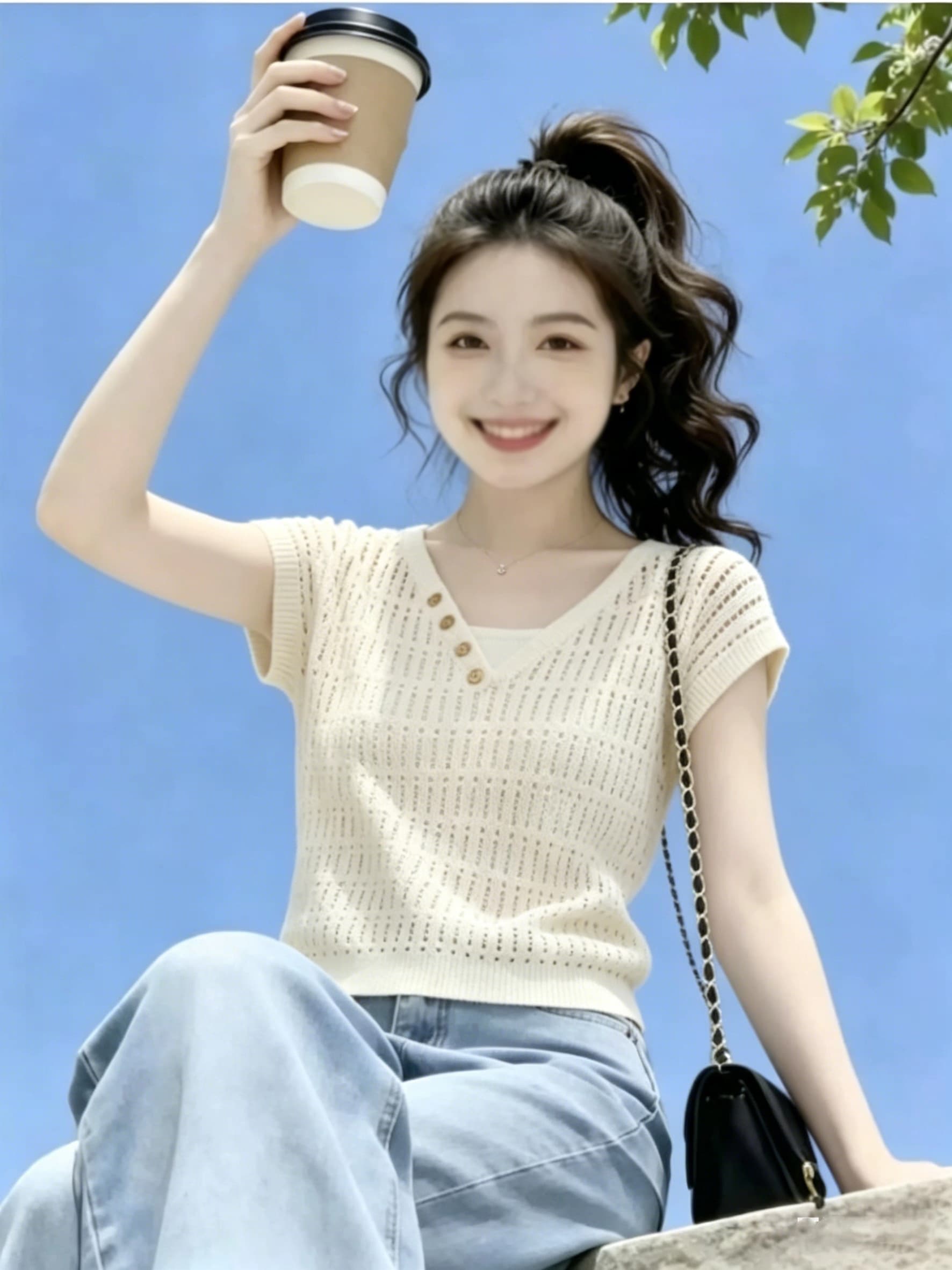 우유 화이트 홀로우 아웃 스트랩 반팔 털 니트 스웨터 2026 여름 한 부서 부드러운 바람 디자인 센스 아름다운 맨위 여성 상세 이미지 1