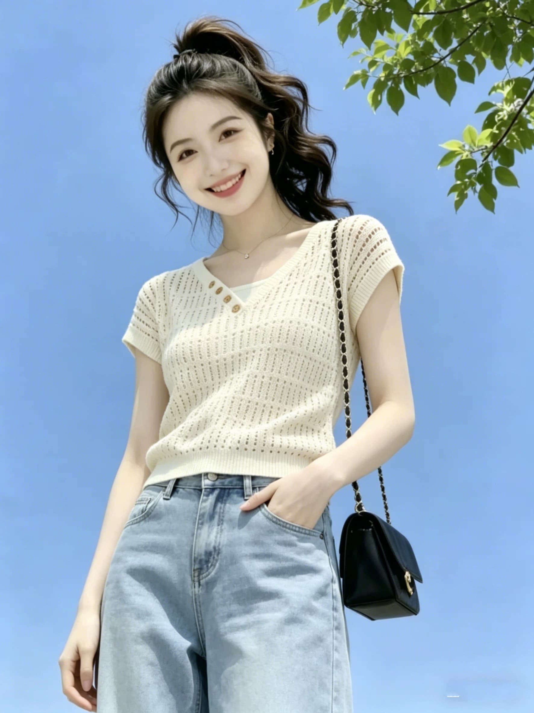 우유 화이트 홀로우 아웃 스트랩 반팔 털 니트 스웨터 2026 여름 한 부서 부드러운 바람 디자인 센스 아름다운 맨위 여성 상세 이미지 2