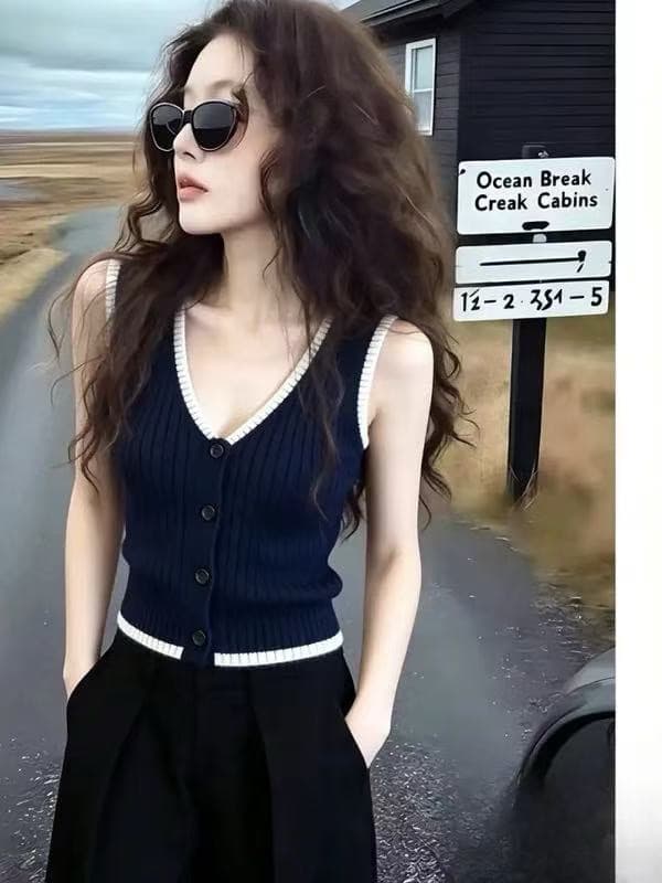 순수한 욕망 바람 배색 측면 V넥 니트 조끼 여성 여름 새로운 싱글 줄 버튼 몸매 가꾸기 슬림해 보이는 고유 한 품격 맨위 상세 이미지 2