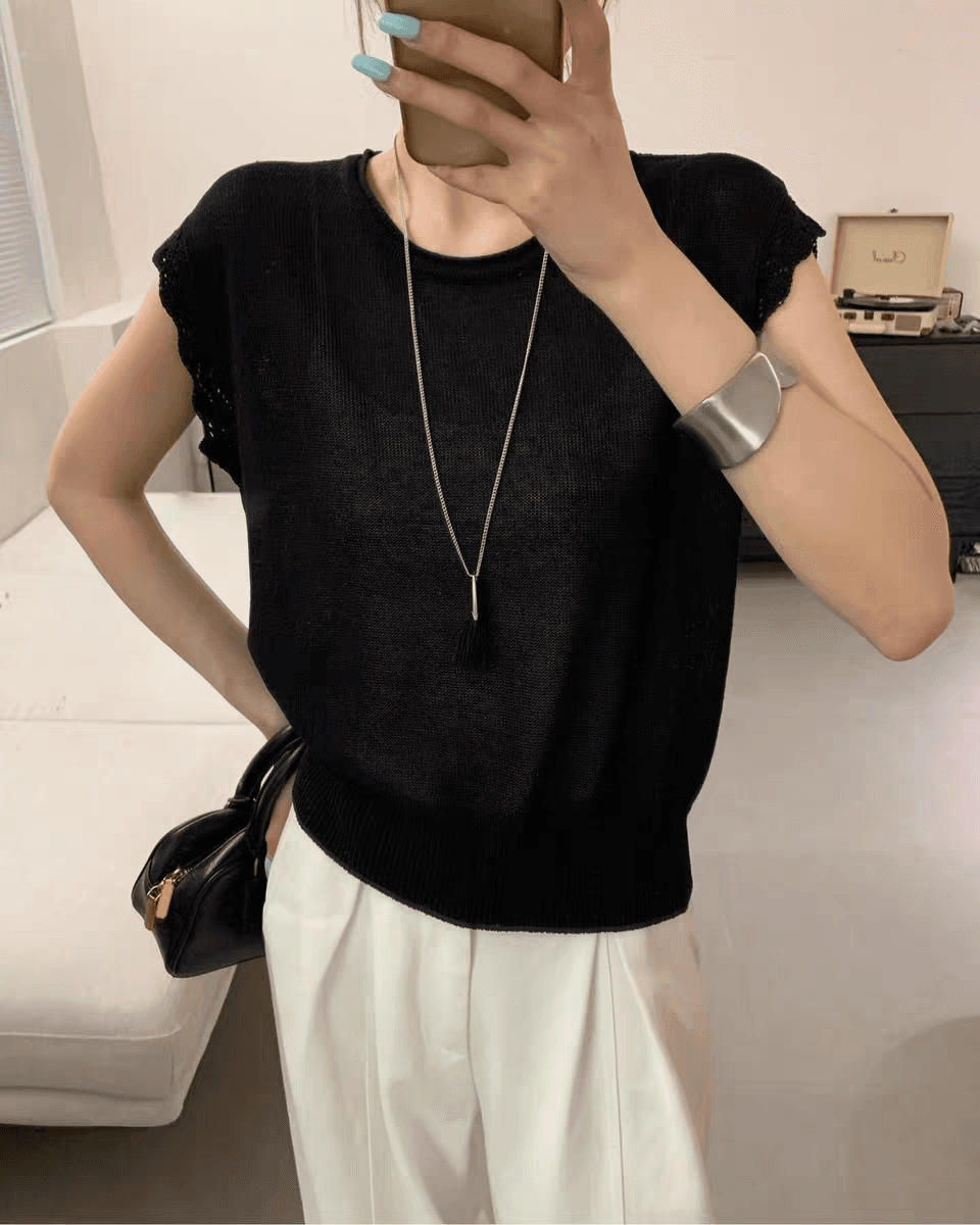 여름 상쾌 레이스 레이스 니트 민소매 맨위 여성 작은 키 통기성 슬림해 보이는 다용도 연령 감소 품격 작은 셔츠 이미지 3