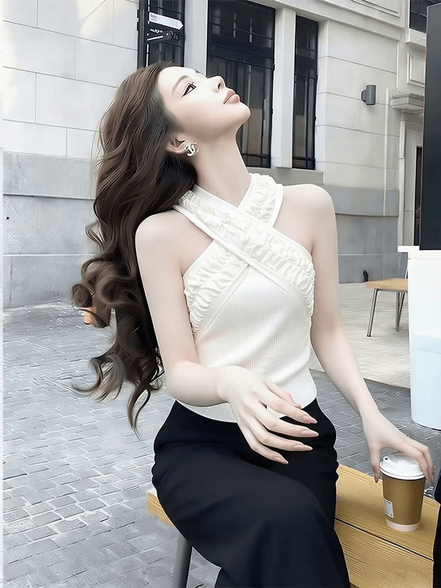 한 부서 작은 대중 디자인 센스 십자가 행침 목 니트 조끼 여자 세련된 외국 가스 몸매 가꾸기 슬림해 보이는 핫걸 바람 맨위