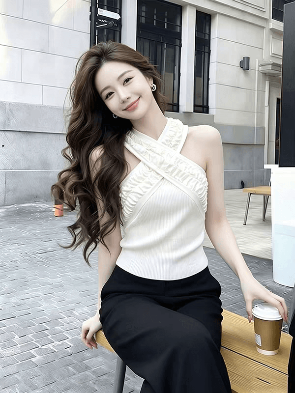 한 부서 작은 대중 디자인 센스 십자가 행침 목 니트 조끼 여자 세련된 외국 가스 몸매 가꾸기 슬림해 보이는 핫걸 바람 맨위 이미지 2