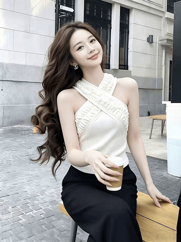 한 부서 작은 대중 디자인 센스 십자가 행침 목 니트 조끼 여자 세련된 외국 가스 몸매 가꾸기 슬림해 보이는 핫걸 바람 맨위 이미지 3