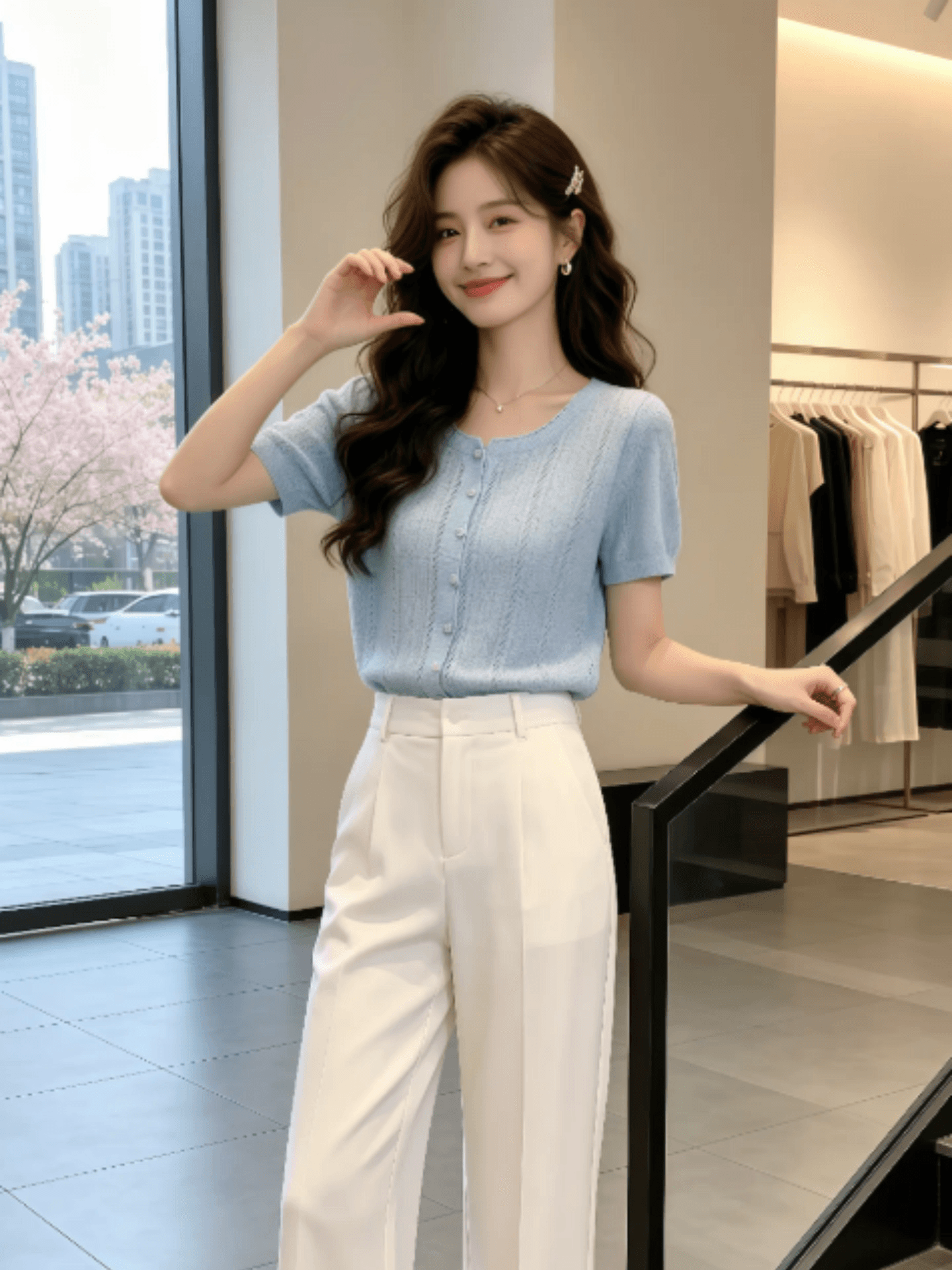 작은 샤넬 스타일 파란색 고급 센스 홀로우 아웃 작은 셔츠 니트 반팔 티셔츠 여성 2026 여름 여름 아름다운 작은 맨위 이미지 3