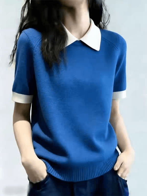 2026 년 한 부서 페이크 레이어드 배색 POLO 칼라 반팔 니트 스웨터 여름 새로운 파란색 슬림해 보이는 다용도 맨위 이미지 2