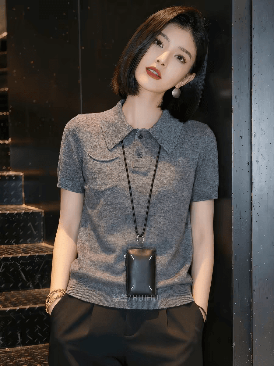 회색 폴로 칼라 티셔츠 여성 2026 여름 새로운 패션 연령 감소 몸매 가꾸기 슬림해 보이는 긍정적 인 어깨 니트 동정 맨위 이미지 3