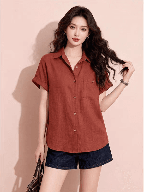 고급 센스 분위기 센스 아마 바람 폴로 칼라 반팔 셔츠 여름 느슨함 센스 루즈핏 디자인 센스 작은 대중 단추 맨위 상세 이미지 2