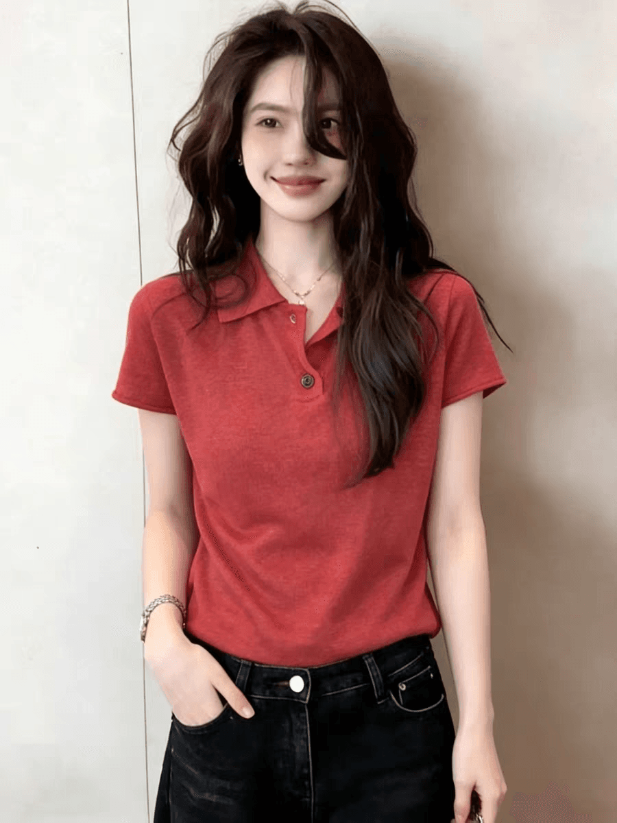 레트로 항구 바람 빨간색 POLO 칼라 긍정적 인 어깨 반팔 티셔츠 여성 2026 여름 새로운 얼음 실크 니트 스웨터 맨위 트렌디 상세 이미지 1
