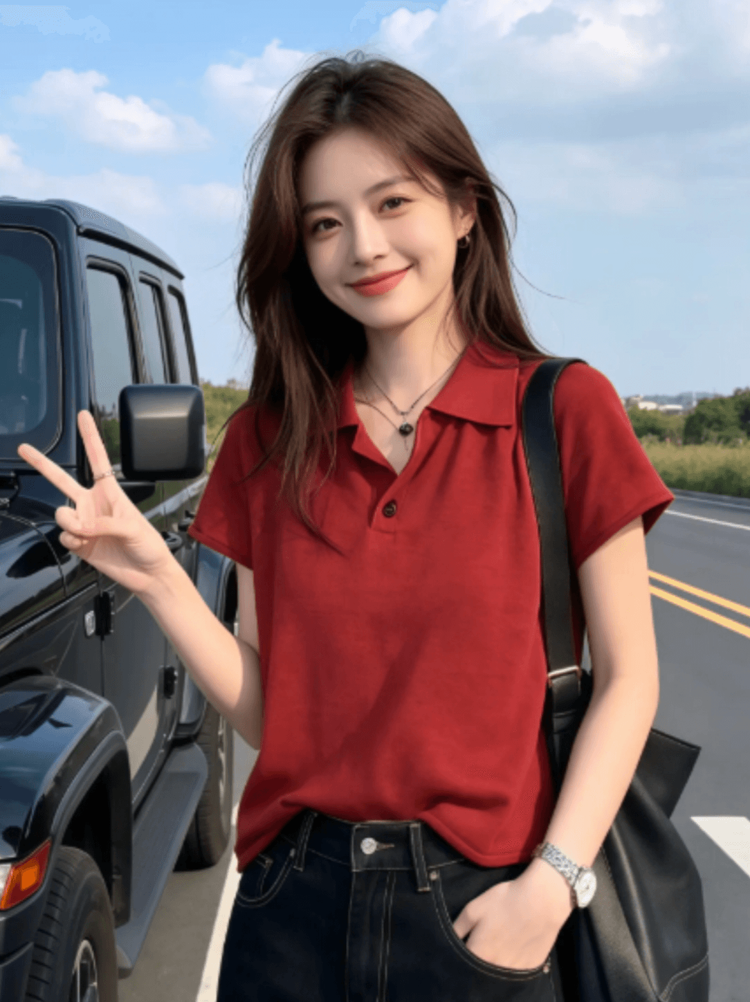레트로 항구 바람 빨간색 POLO 칼라 긍정적 인 어깨 반팔 티셔츠 여성 2026 여름 새로운 얼음 실크 니트 스웨터 맨위 트렌디
