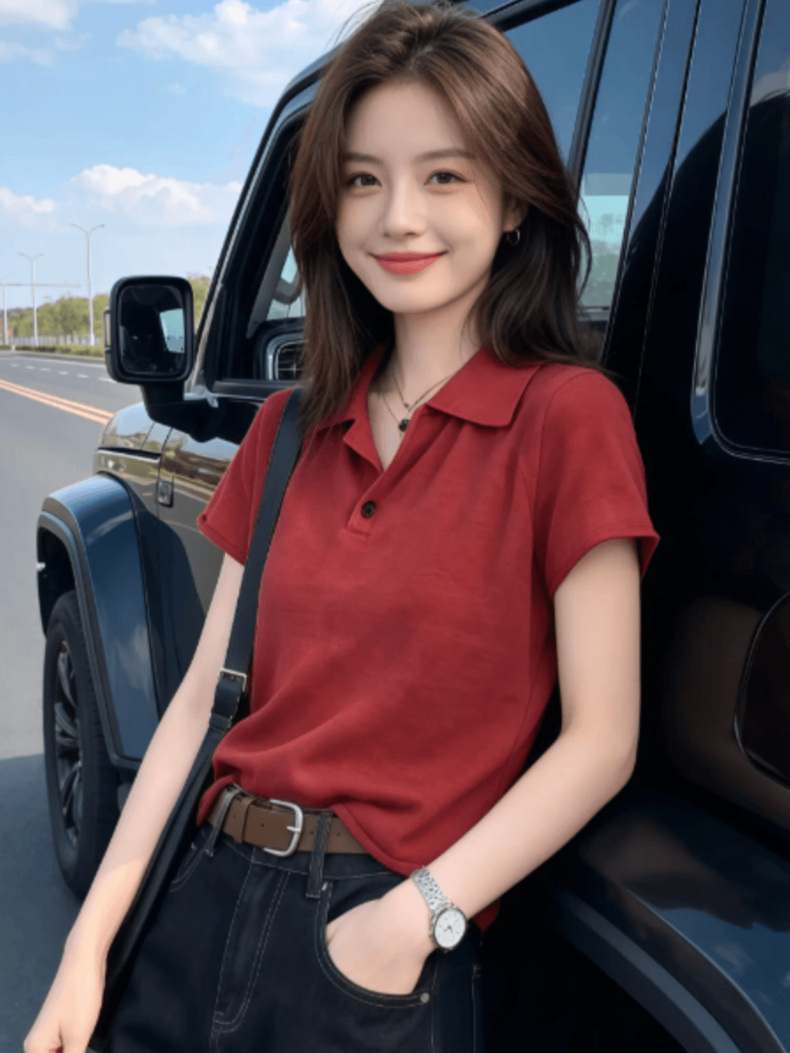 레트로 항구 바람 빨간색 POLO 칼라 긍정적 인 어깨 반팔 티셔츠 여성 2026 여름 새로운 얼음 실크 니트 스웨터 맨위 트렌디 이미지 4
