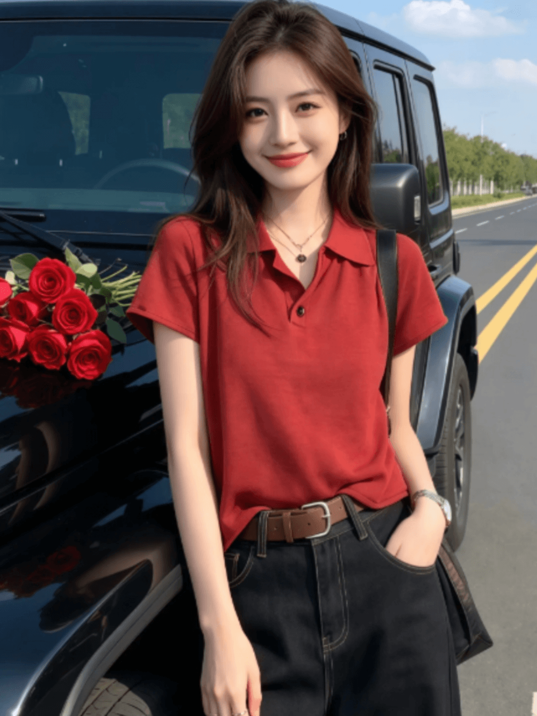 레트로 항구 바람 빨간색 POLO 칼라 긍정적 인 어깨 반팔 티셔츠 여성 2026 여름 새로운 얼음 실크 니트 스웨터 맨위 트렌디 상세 이미지 1