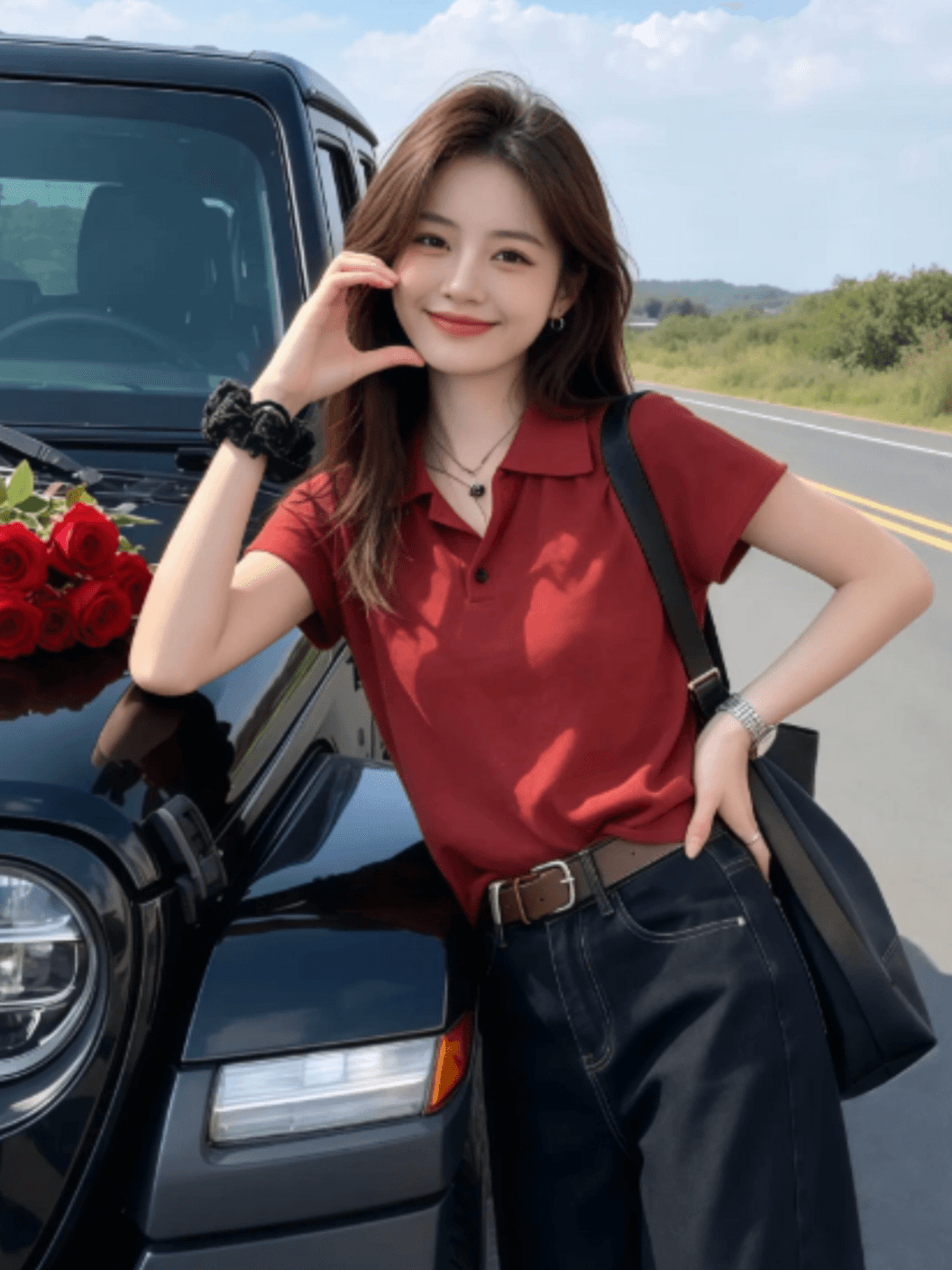 레트로 항구 바람 빨간색 POLO 칼라 긍정적 인 어깨 반팔 티셔츠 여성 2026 여름 새로운 얼음 실크 니트 스웨터 맨위 트렌디 상세 이미지 2