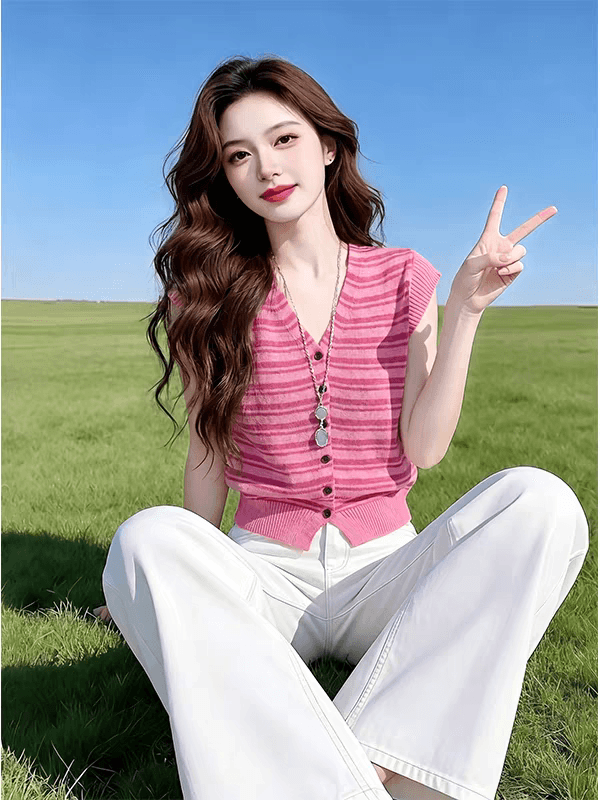 한 부서 미니멀리즘 V넥 단추 작은 날다 소매 짠 셔츠 여성 2026 여름 새로운 슬림해 보이는 고유 한 그레이트 봐. 의류 이미지 2