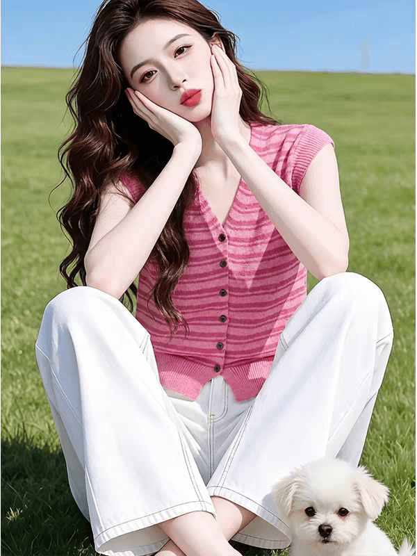 한 부서 미니멀리즘 V넥 단추 작은 날다 소매 짠 셔츠 여성 2026 여름 새로운 슬림해 보이는 고유 한 그레이트 봐. 의류 이미지 3