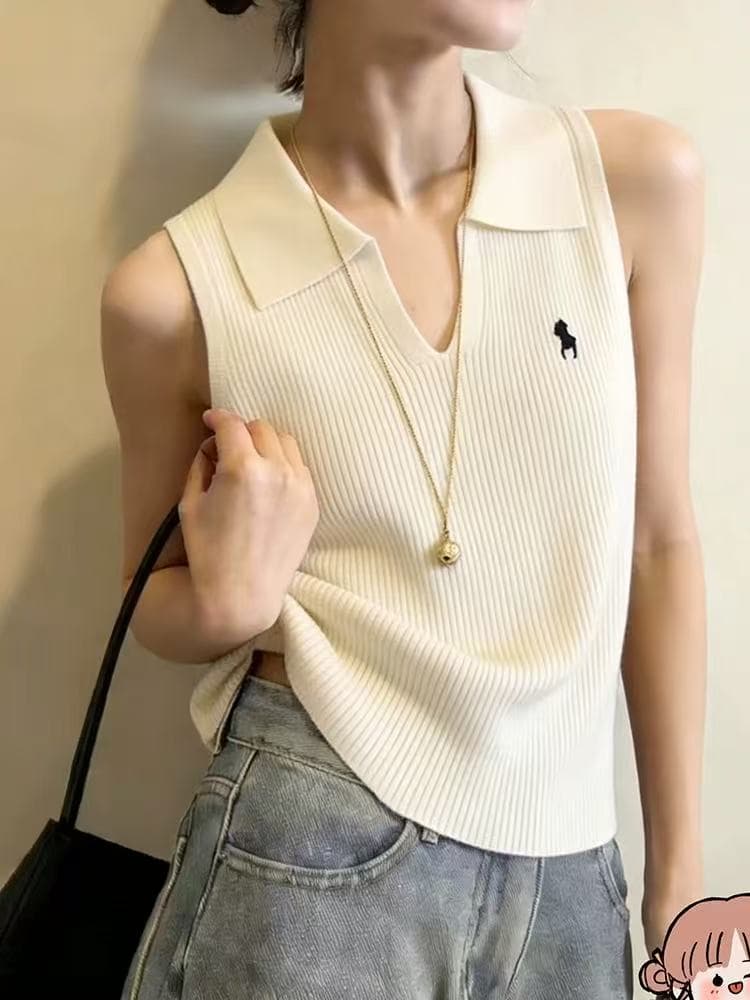느긋한 바람 POLO 칼라 니트 조끼 2026 여름 한국 스타일 여성 캐주얼 몸매 가꾸기 슬림해 보이는 다용도 민소매 맨위 상세 이미지 2