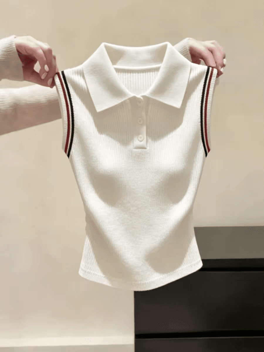 한 부서 분위기 센스 베이지 색 POLO 칼라 민소매 니트 조끼 여성 여름 새로운 캐주얼 다용도 슬림해 보이는 맨위