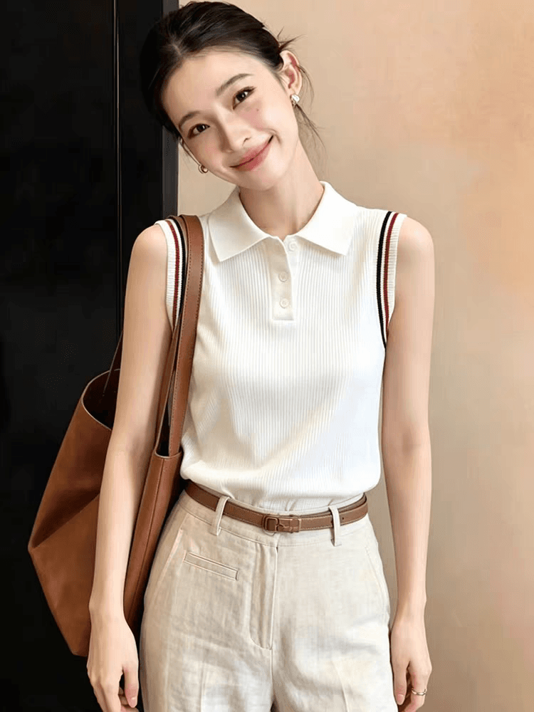한 부서 분위기 센스 베이지 색 POLO 칼라 민소매 니트 조끼 여성 여름 새로운 캐주얼 다용도 슬림해 보이는 맨위 이미지 2
