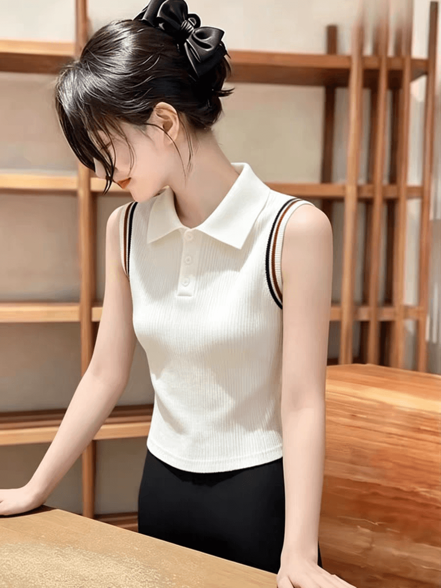 한 부서 분위기 센스 베이지 색 POLO 칼라 민소매 니트 조끼 여성 여름 새로운 캐주얼 다용도 슬림해 보이는 맨위 이미지 4