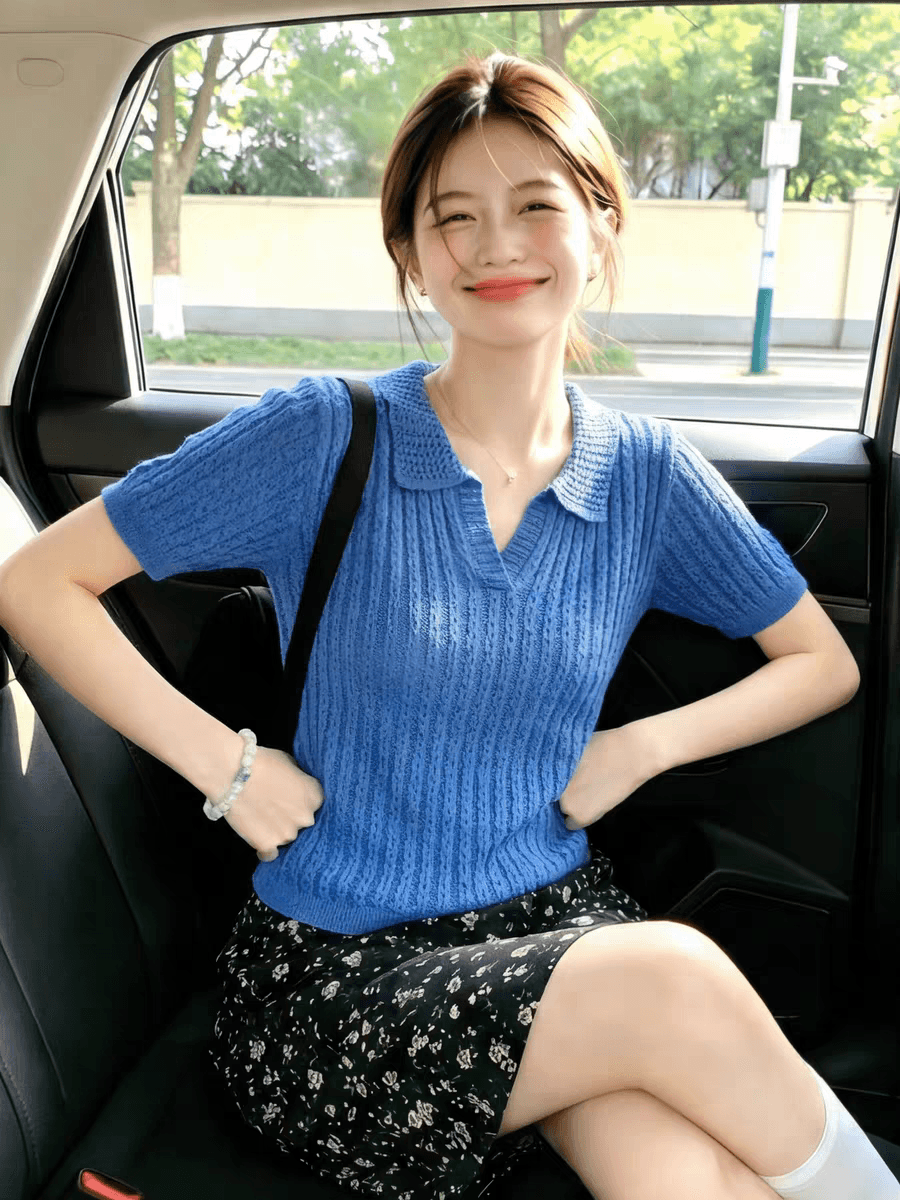 POLO 칼라 홀로우 아웃 자수 얼음 실크 니트 스웨터 여성 유럽 역 2026 여름 드레스 새로운 유럽 상품 여성 의류 기본 셔츠 트렌디 상세 이미지 1