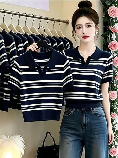 학원 스타일 스트라이프 POLO 칼라 니트 반팔 티셔츠 여성 여름 2026 새로운 작은 키 외국 가스 연령 감소 맨위 상세 이미지 1