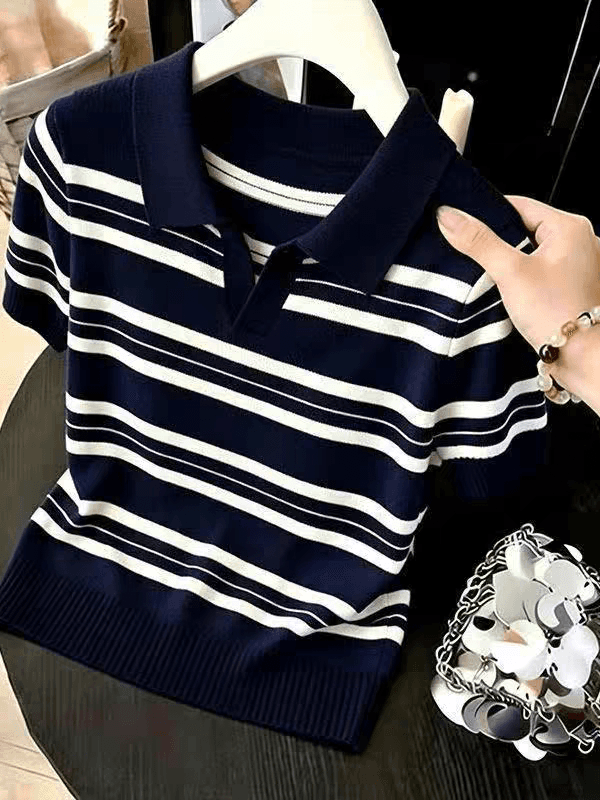 학원 스타일 스트라이프 POLO 칼라 니트 반팔 티셔츠 여성 여름 2026 새로운 작은 키 외국 가스 연령 감소 맨위 상세 이미지 2