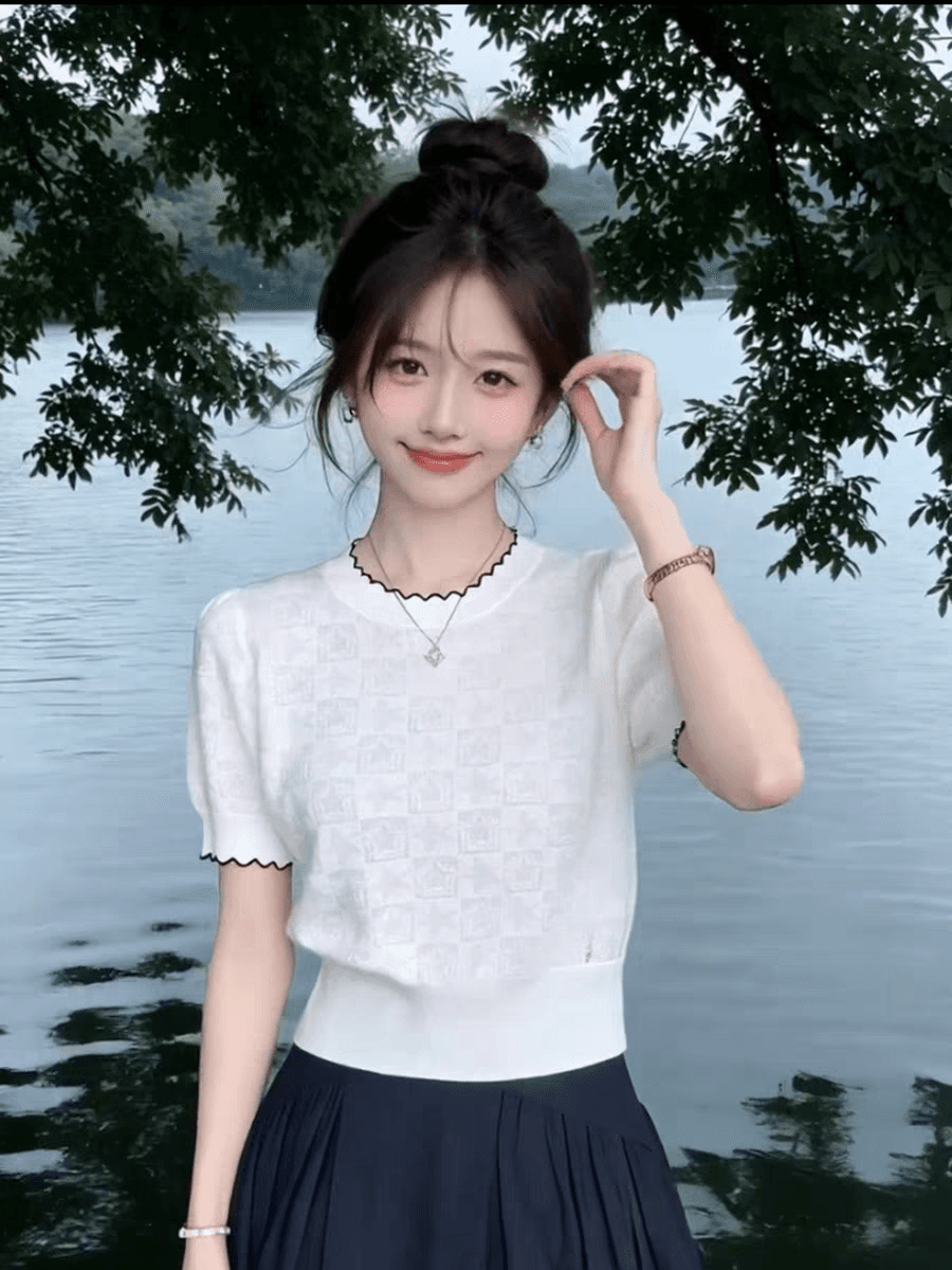 보존 섹션 추천 한 부서 배색 나비 넥타이 니트 반팔 여성 여름 새로운 다용도 연령 감소 맨위 상세 이미지 1